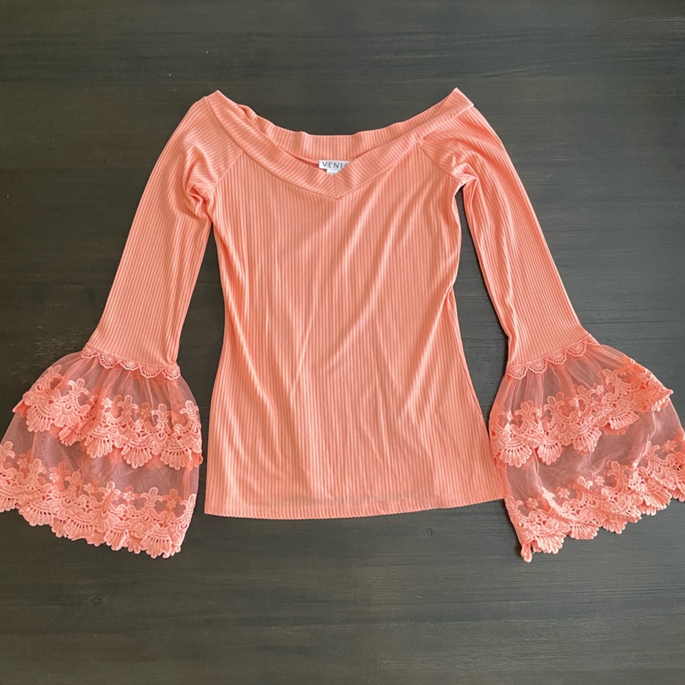 Venus Coral Off the Shoulder Bell Sleeve Top